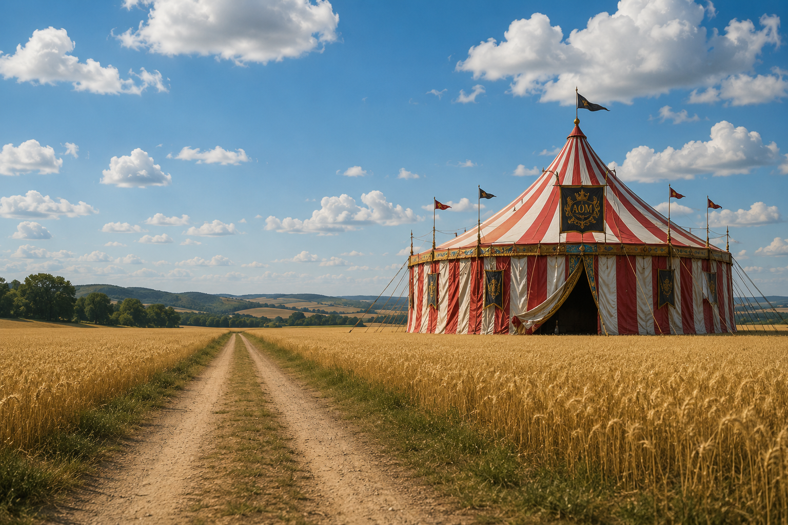 A red and white carnival tent standing open in a golden field.