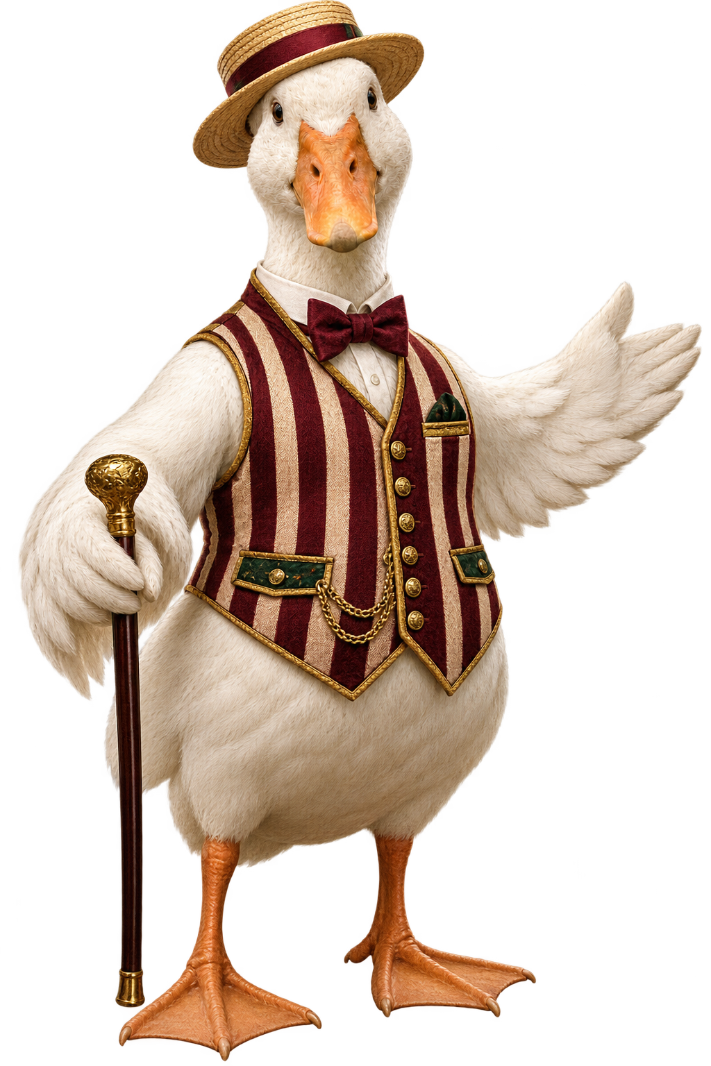 The Carnival Duck, impeccably dressed in a striped waistcoat and boater, welcomes you with his cane in hand.