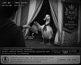 Archived security image showing the Duck at the AOM Pilot Recruitment tent entrance with a burlap sack.